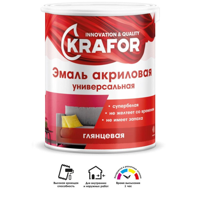 Эмаль акриловая глянцевая супербелая 1кг KRAFOR