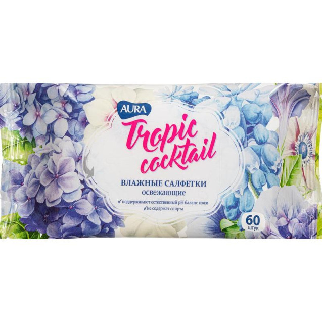салфетки влажные освежающие "aura" tropic cocktail упак. 60 шт. (24)